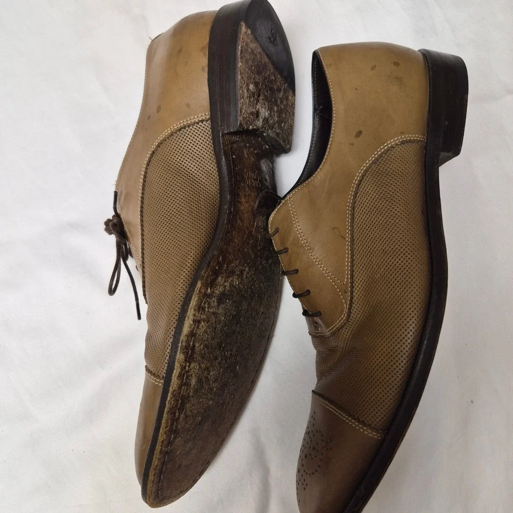 Canali Mens 641101 Tan Leather Perforated Cap Toe Oxford‎ Dress Shoes Italy 43
